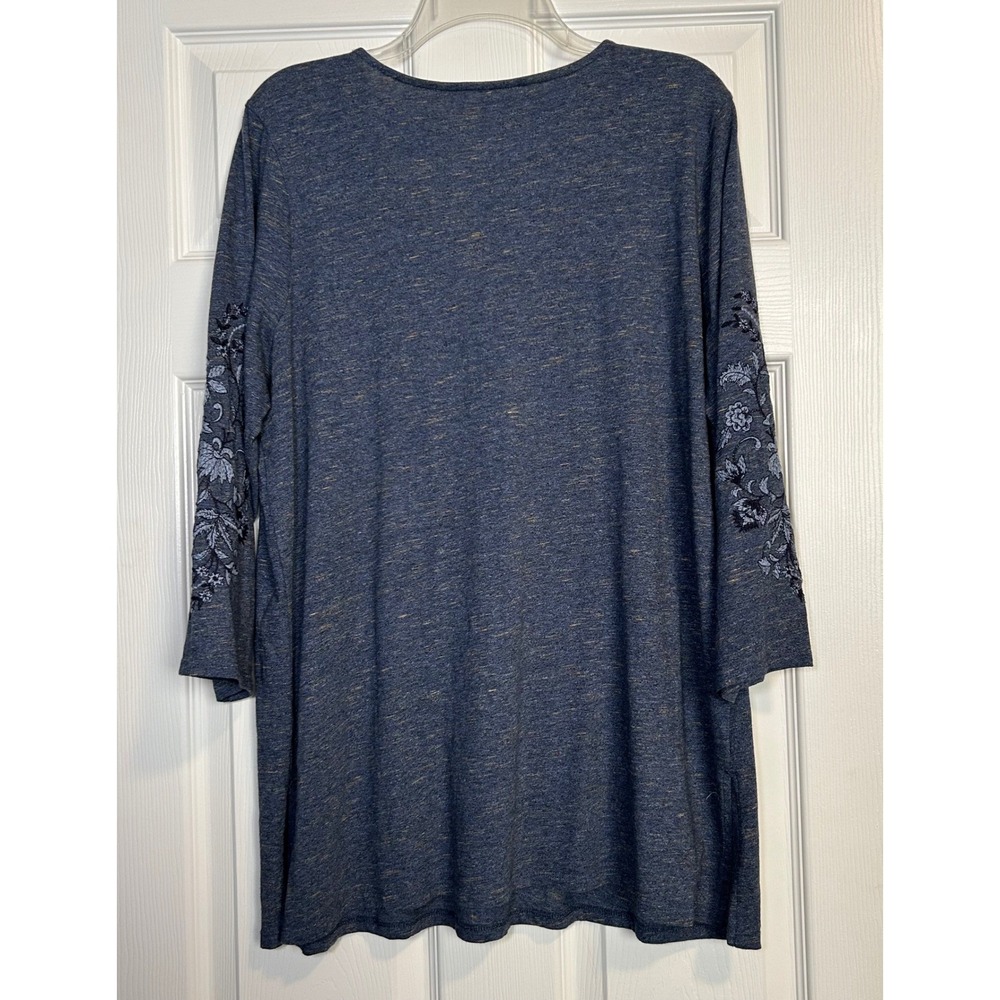 Pure J Jill Embroidered Jersey Tunic Top Large Blue 3/4 Sleeve Boho Soft - Picture 3 of 11